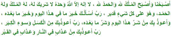 أَصْـبَحْنا وَأَصْـبَحَ المُـلْكُ لله وَالحَمدُ لله ، لا إلهَ إلاّ اللّهُ وَحدَهُ لا شَريكَ لهُ، لهُ المُـلكُ ولهُ الحَمْـد، وهُوَ على كلّ شَيءٍ قدير ، رَبِّ أسْـأَلُـكَ خَـيرَ ما في هـذا اليوم وَخَـيرَ ما بَعْـدَه ، وَأَعـوذُ بِكَ مِنْ شَـرِّ هـذا اليوم وَشَرِّ ما بَعْـدَه، رَبِّ أَعـوذُبِكَ مِنَ الْكَسَـلِ وَسـوءِ الْكِـبَر ، رَبِّ أَعـوذُبِكَ مِنْ عَـذابٍ في النّـارِ وَعَـذابٍ في القَـبْر 